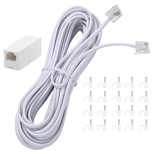 25Feet Long Telephone Extension Cord Phone Cable Line Wire, with Standard RJ11 Plug and 1 in-Line Couplers and 20 Cable Clip Holders-White