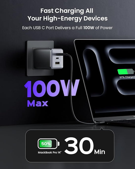 100W USB C Charger Block, Fast Wall GaN Charger, 3-Port Compact Foldable USB Power Adapter for MacBook Pro/Air, Dell XPS,iPad Pro,iPhone Series,Galaxy S25/S24,and More