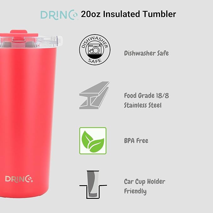 Drinco - 20 oz Stainless Steel Tumbler | Double Walled Vacuum Insulated Mug With Lid, 2 Straws, For Hot & Cold Drinks (20oz Barn Red, 20oz)