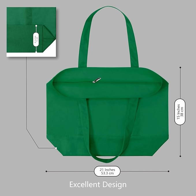 TOPDesign 6-Pack Canvas Tote Bags with an External Pocket, Reusable Grocery Shopping Bags, Top Zipper Closure, Daily Essentials (Green)