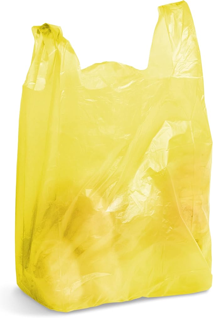 Yellow T-Shirt Bags, 12 x 6 x 22 Inches. Pack of 700 Plastic Merchandise Bags, 18 Micron. Unprinted Grocery Bags with Handles. High Density Polyethylene Shopping Bags for Small Business
