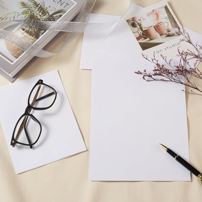Wishop 50 Pack Self-Adhesive Envelopes with Fold Cards for Wedding Invitations, Greeting Cards, Baby Shower, Letter Mailing (White, 4x6)