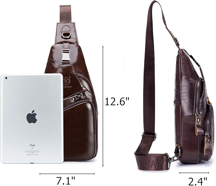 BULLCAPTAIN Leather Men Sling Bag Casual Crossbody Chest Bags Travel Daypack