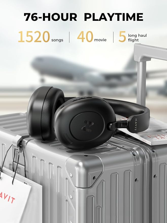 havit H655BT Hybrid Active Noise Cancelling Headphones for Airplane Travel, Wireless Over Ear Bluetooth Headphones, 76H Playtime, Hi-Res Audio, Super Bass via App, 5 Mic for Noise Cancelling