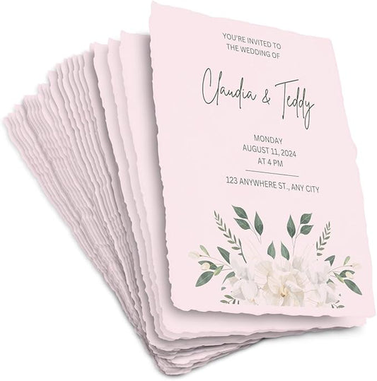 Wanderings A5 Handmade Deckled Edge Cotton Paper - Cold Pressed Texture - Paint, Watercolor, Writing, Printer - Cards, Invitations, Menus, Arts and Crafts. 50 Pack Pink 150gsm - 5.8" x 8.3"