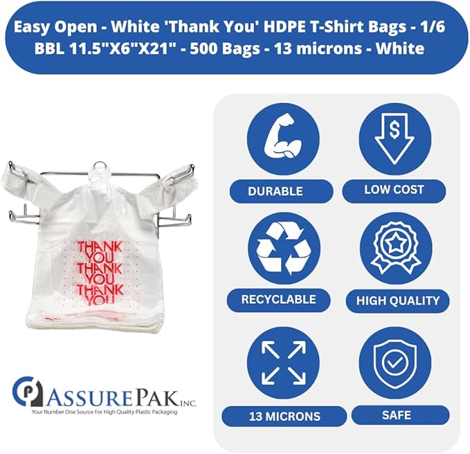 Easy Open - 1000 Bags - White 'Thank You' HDPE T-Shirt Bags - 1/6 BBL 11.5"X6"X21" - 13 Microns – for Retail, Takeout, Restaurant Supplies – AssurePak