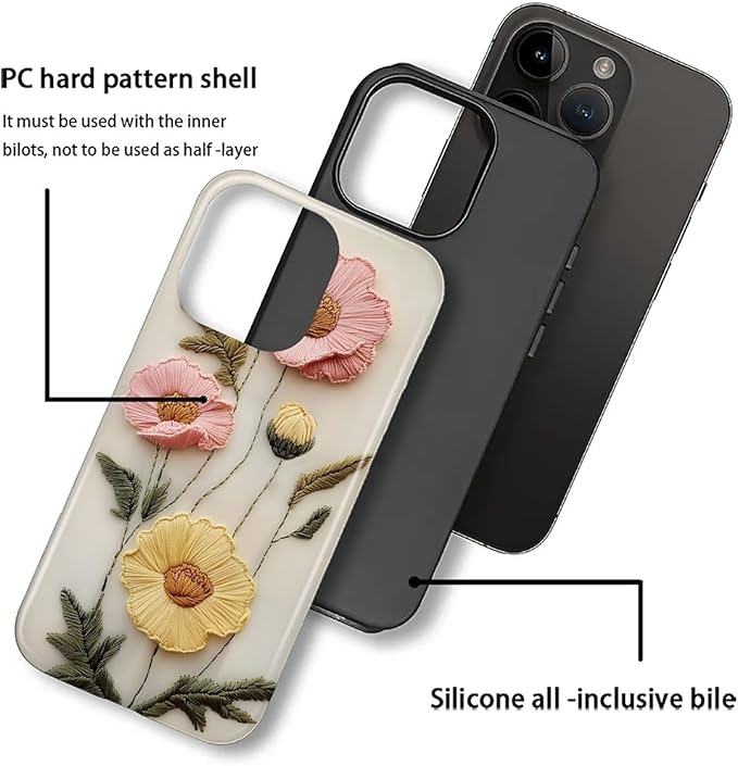 Case for iPhone 16 Pro Max Case,Faux Embroidery Boho Floral Design - Hybrid Dual Protection Silicone + Hard PC Shockproof Full Body Cover Slim Anti-Scratch Protective Case for Men Women