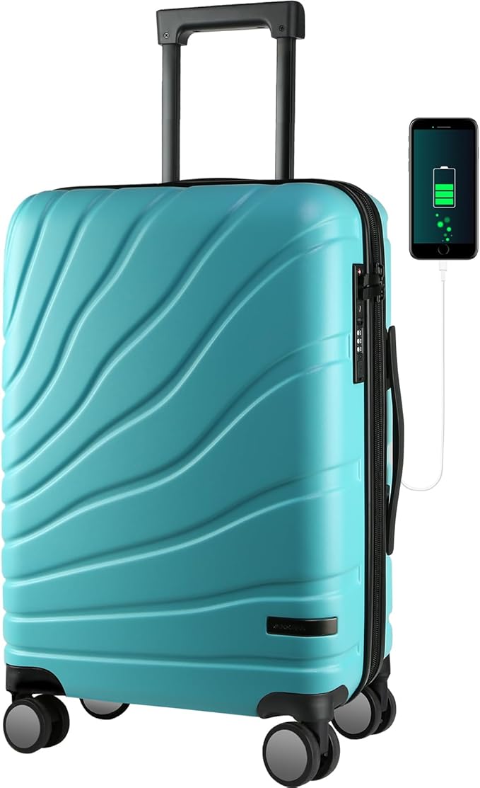 VANKEAN Carry On Luggage with Spinner Wheels & TSA Lock, Expandable Fashionable Hard Shell Suitcase airline approved，20 Inch Carry-On，Lake Blue