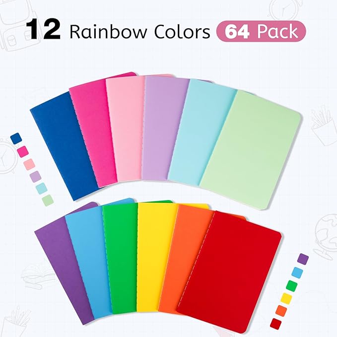 Oucaru 64PCS Mini Notebooks Bulk, 3.5" x 5.5", 12 Rainbow Color, 60 Pages Blank Paper Small Pocket Notebook Set, Mini Journal Memo Notepads for Kids, Students, Traveler, School Office Supplies