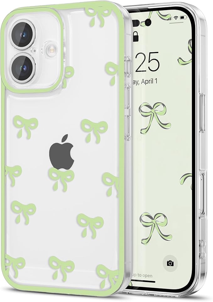 EYZUTAK Case for iPhone 17, Clear Cute Ribbon Bowknot Pattern Aesthetic Transparent Phone Case Raised Camera Protection Stylish Slim Soft Durable TPU Protective Cover for Women Girls - Green