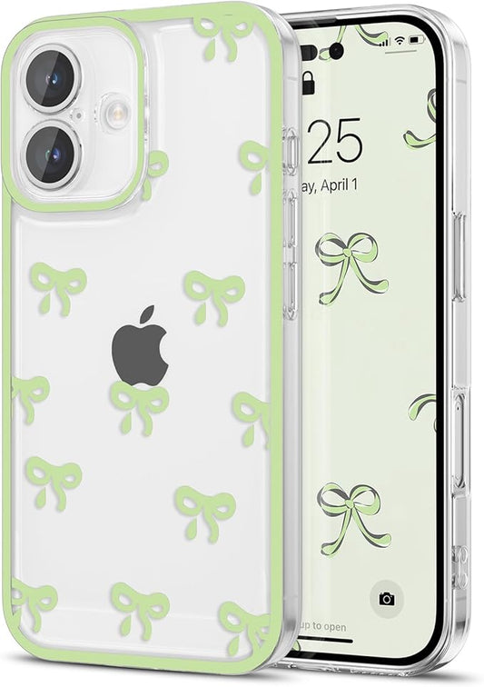 EYZUTAK Case for iPhone 17, Clear Cute Ribbon Bowknot Pattern Aesthetic Transparent Phone Case Raised Camera Protection Stylish Slim Soft Durable TPU Protective Cover for Women Girls - Green