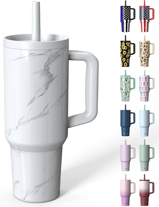 TILUCK 40 oz Tumbler with Handle, Vacuum Insulated Stainless Steel Travel Mug with 100% Leak-Proof Silicone Straw Lid, Cupholder Friendly Water Bottle(Marble, 40oz)