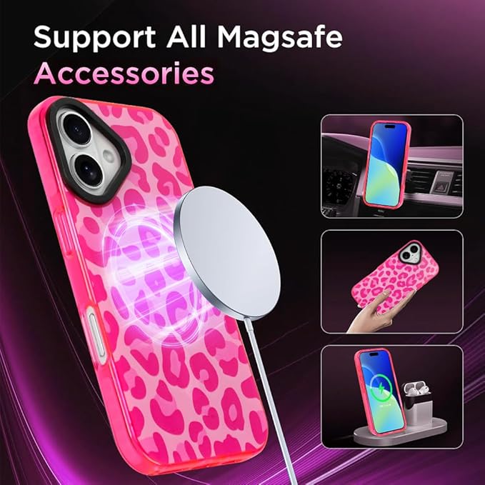 SAKUULO Magnetic for iPhone 16 Case Hot Pink Leopard Print Pattern [Compatible with MagSafe] [with Screen Protector] Wireless Charge Strengthen Protection Cover, Hot Pink Leopard (6.1")