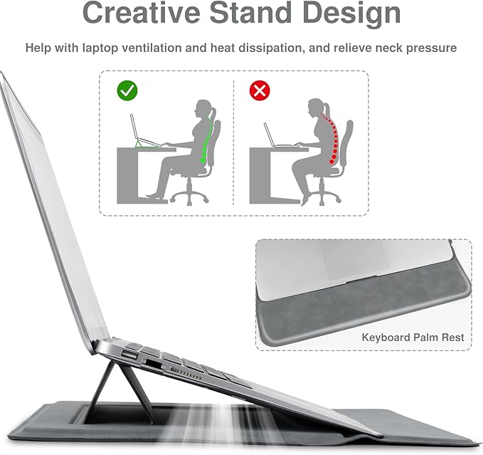 Allinside 13-14 Inch Laptop Sleeve Case for MacBook Pro 14" 2021-2024/MacBook Air 13" 2010-2017/MacBook Pro 13" 2010-2015, Waterproof PU Leather Sleeve Cover with Stand & Accessory Pouch, Gray