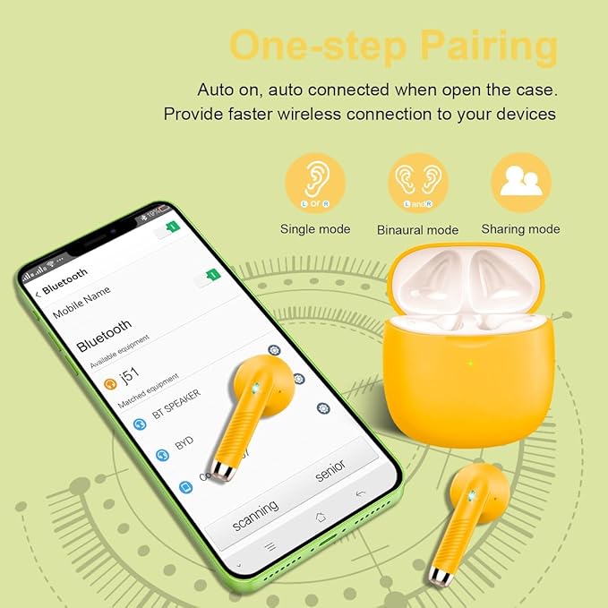 Wireless Earbuds, Bluetooth 5.4 Earbuds Stereo Bass, Bluetooth Headphones in Ear Noise Cancelling Mic, Earphones IP7 Waterproof Sports, 32H Playtime USB C Charging Case Yellow Ear Buds for Android iOS