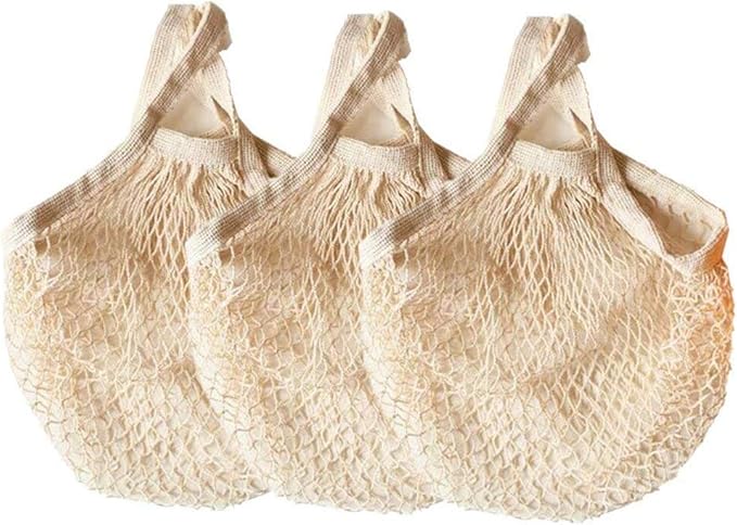 Ahyuan Ecology Reusable Cotton Mesh Grocery Bags Cotton String Bag Net Shopping Mesh Bags Pack of 3 (Beige)
