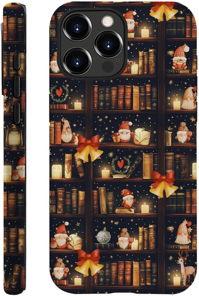 DAIZAG Case Compatible with for iPhone 13 Pro Max,Christmas Santa Claus Bookshelf Bells Phone Case for iPhone 13 Pro Max for Girl Women Boy Men