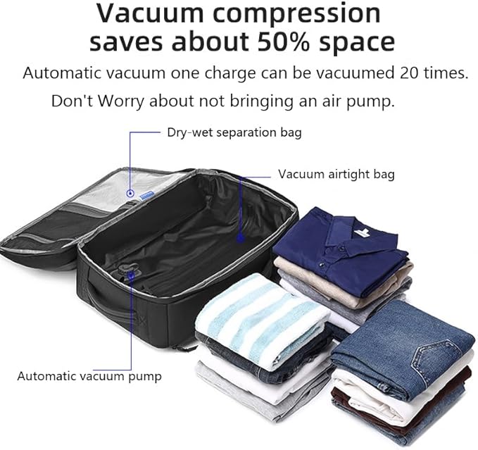 55L Travel Backpack with Built-in Vacuum Seal Backpacks Exapandable Waterproof Air Compression with electronic scale TSA Lock Carry-On Suitcase Luggage Laptop Bag Black