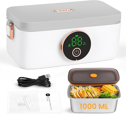Cordless Electric Lunch Box, 1L Self heating lunch box Battery Powered with Automatic Heating, 16000mAH Rechargeable Battery Provid Rapid Heating, Designed for Car, Office, Travel, Picnic & outdoor