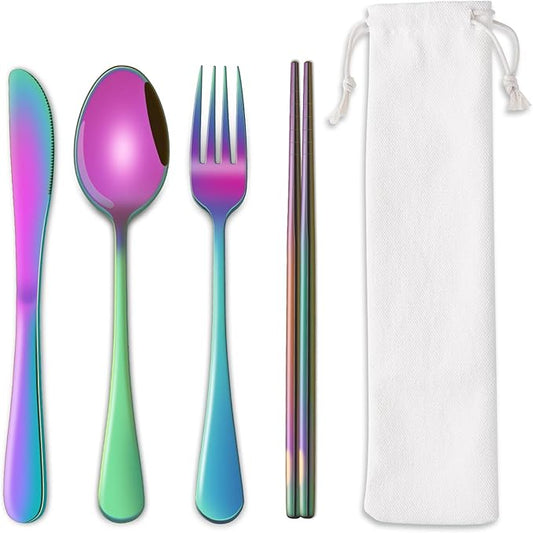 Rainbow Working Lunch Silveware Set,Reusable Travel Utensils Set With Case Includes Stainless Steel Chopsticks Knife Spoon And Fork,Camping Picnic Essentials