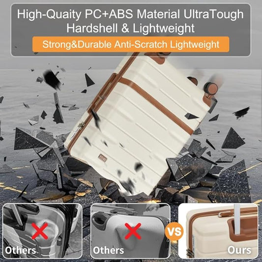 Luggage Sets 3 Piece with TSA Lock Hardside PC+ABS Carry On Suitcase with Spinner Wheels Lightweight Rolling Travel Luggage Sets with YKK Zippers (Beige)