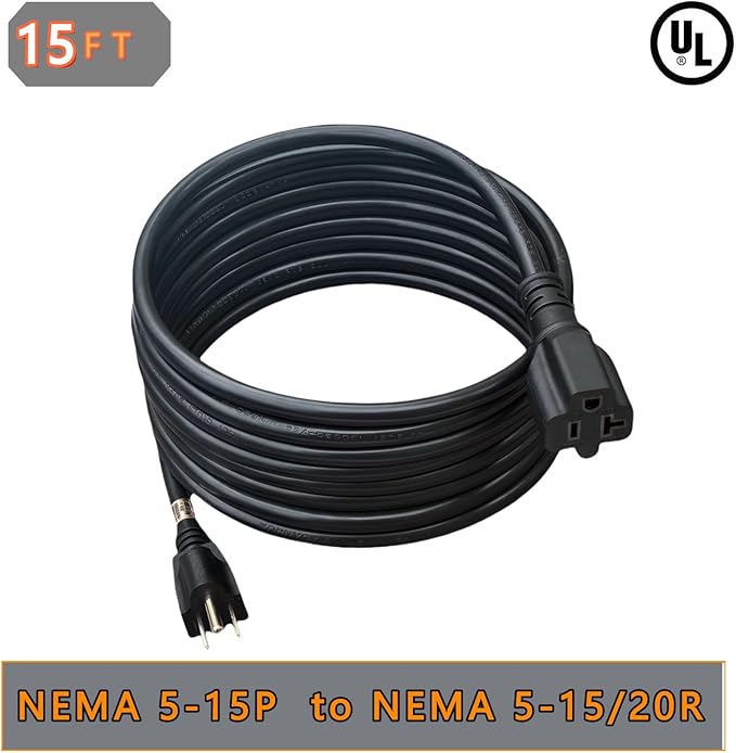 15-Feet 15 Amp Household AC Plug to 20 Amp T Blade Adapter Cable，14AWG 15-Foot 15 Amp to 20 Amp Plug Adapter Cord Nema 5-15P to 5-15R/5-20R 20Amp Comb AC Power Cord, Black