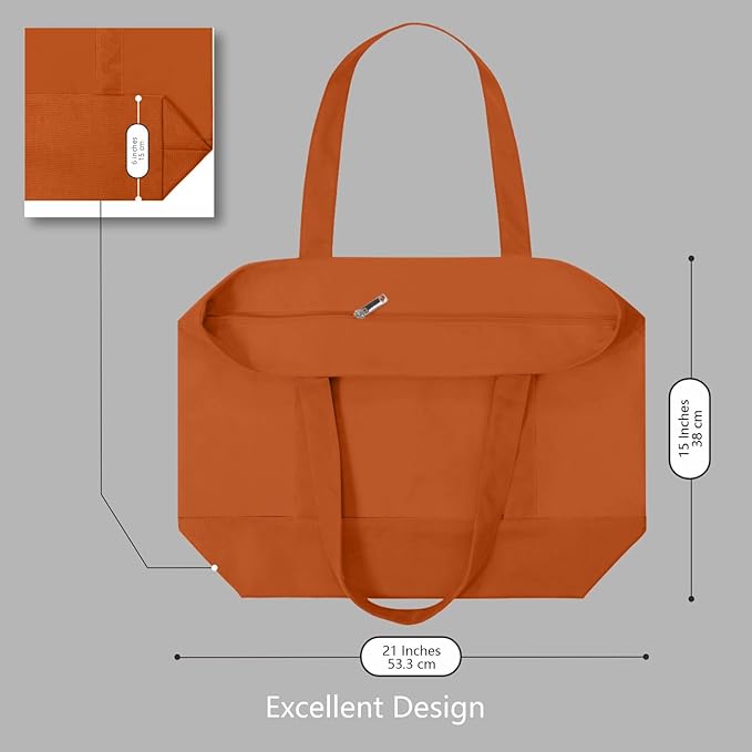 TOPDesign 1-Pack Canvas Tote Bags with an External Pocket, Reusable Grocery Shopping Bags, Top Zipper Closure, Daily Essentials (Orange)