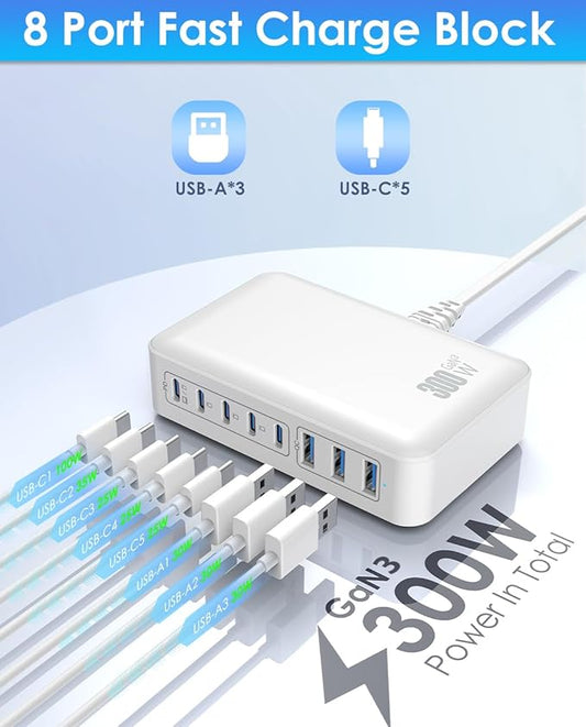 USB C Charger Block Charging Station - 300W Fast GaN 8-Port Multiple USB Charging Hub, Upgraded PD 100W Laptop Charger Compatible with MacBook Pro/Air, iPad, iPhone 16/15/14, Galaxy S23/22, 5ft Cord
