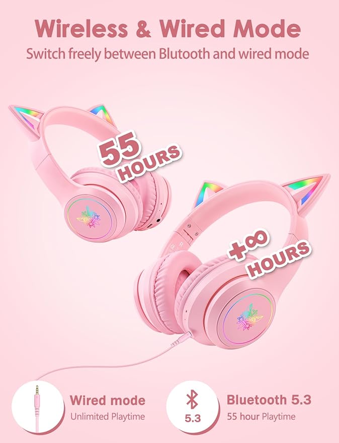 Cat Ear Bluetooth Headphones with Micphone for Kids & Adults, LED Light Up Wireless HI-FI Sound Quality, Over-Ear Headphones with Volume Control for iPhone/iPad/Laptop/PC(55H Play Time)