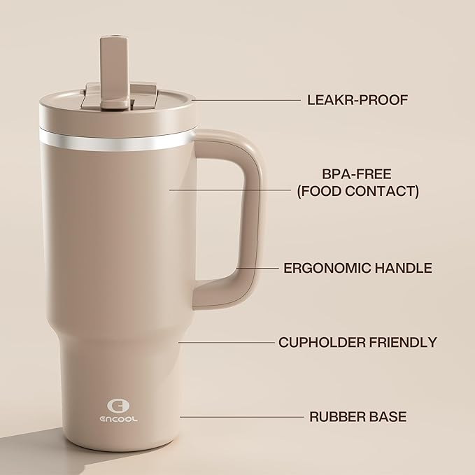 32 oz Tumbler with Handle and Straw: Stainless Steel Insulated Tumbler Keeps Cold for 24 Hours, Leakproof Travel Cup Fits in Cup Holder and BPA-Free, Raw Umber