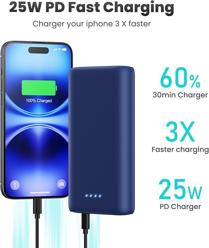 Portable Charger Power Bank 40,800mAh 25W Fast Charging USB C Portable Charger with 2 Built in Cables,5 Outputs & QC 4.0 Quick Phone Charging Battery Pack Compatible with iPhone 16/15/Android (Blue)