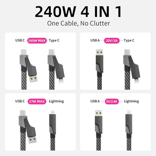 USB C Cable, 240W MAX 4 in 1 Charging Cord 5FT with E-Mark Chip, Fast Charging USB A/C to C/Lightning Cable for iPhone 17/16/15/14/13 Series, MacBook/Pad/Android/Tablets and More, iPhone Charger Cord