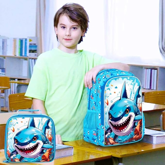 CCJPX 3PCS Shark Backpack for Boys, 16 Inch Kids Water Resistant Preschool Bookbags, Cool Kindergarten School Backpacks and Lunch Box