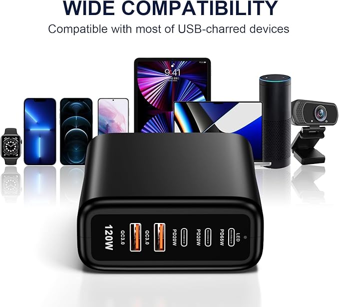 USB c Charger Block 120w Multi 5 Port Charger Block with USB Type c qc3.0 Family-Sized Hub USB Strip Compatible with iPhone Android Smartphone