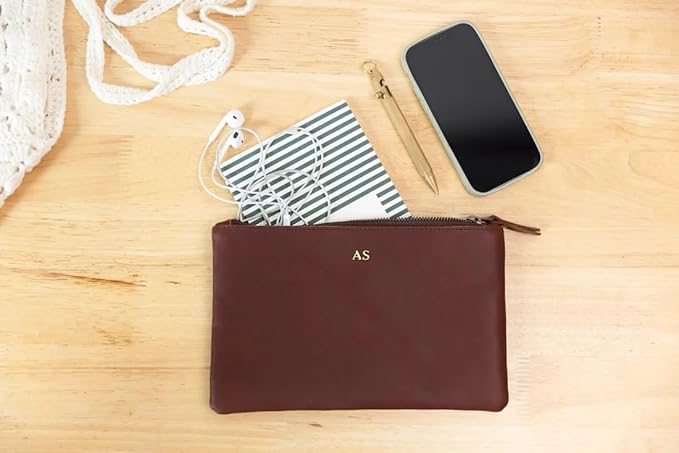 Personalized Leather Zipper Pouch – Monogrammed Travel Case for Pens, Pencils, or Cosmetics – Custom Leather Clutch – Bridesmaid or Bachelorette Gift – Handmade in USA