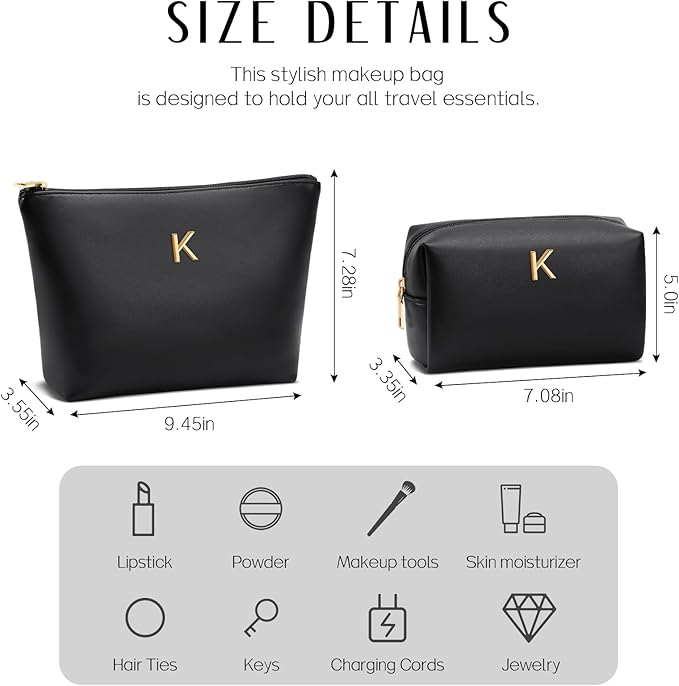 Women Gifts | Initial Makeup Bag Set for Girl Personalized Gifts for Bridesmaid Friend Graduation Teachers PU Leather Cosmetic Travel Toiletry Bag(Black,K)