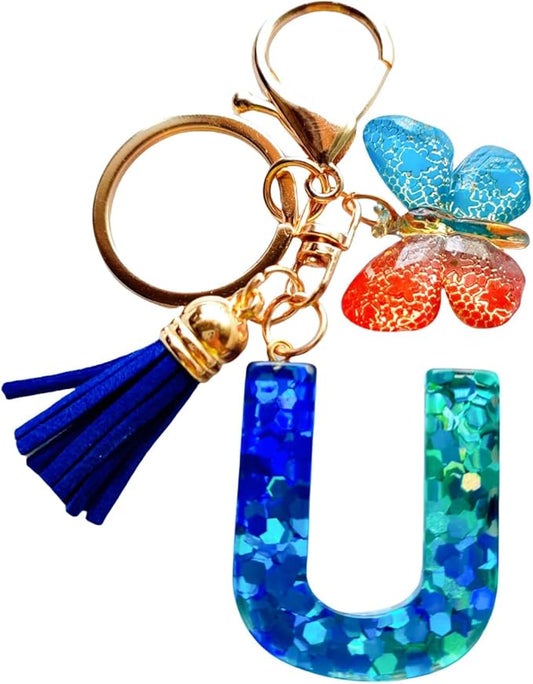 Cute Initial Letter Keychains for Women Girls Tassel Butterfly Pink Purple Green Keychain for Backpack School Bag