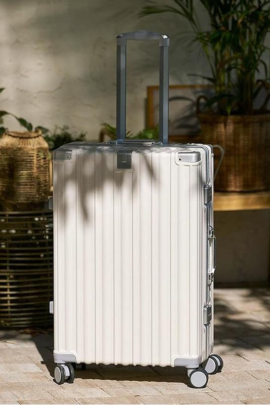 HotWay 24 Inch Aluminum Frame Luggage with Spinner Wheels, PC Hard Shell Suitcase with Cup Holder, Zipperless Luggage for Business Travel, White