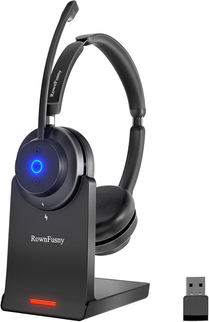 Wireless Headset with Mic for Work-Bluetooth Over Ear Headphones with Microphone,Noise Cancelling with Mute & USB Dongle for Computer/Phones/Remote Work/Call Center,Lightweight All Day Comfort