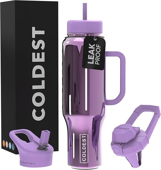 Coldest Tumbler with Handle and Straw, 100% Spill Proof Tumbler with Straw (3 Lids), Stainless Steel Insulated Leakproof Tumblers for Women Men, Cup Holder Friendly, 46 oz (Violet Astra Reflections)