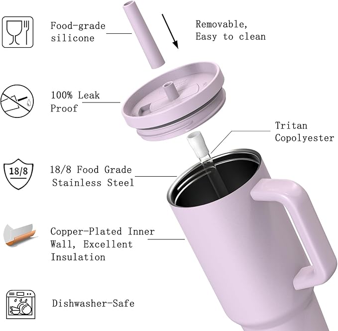 TILUCK 40 oz Tumbler with Handle, Vacuum Insulated Stainless Steel Travel Mug with 100% Leak-Proof Silicone Straw Lid, Cupholder Friendly Water Bottle(LightPurple, 40oz)