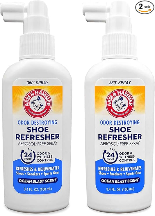 Arm & Hammer Shoe Refresher Spray, Odor Eliminator for Sneakers, 24 Odor & Wetness Control, Aerosol-Free Shoe Deodorizer Spray, Ocean Blast Scent, 3.4 oz, Pack of 2