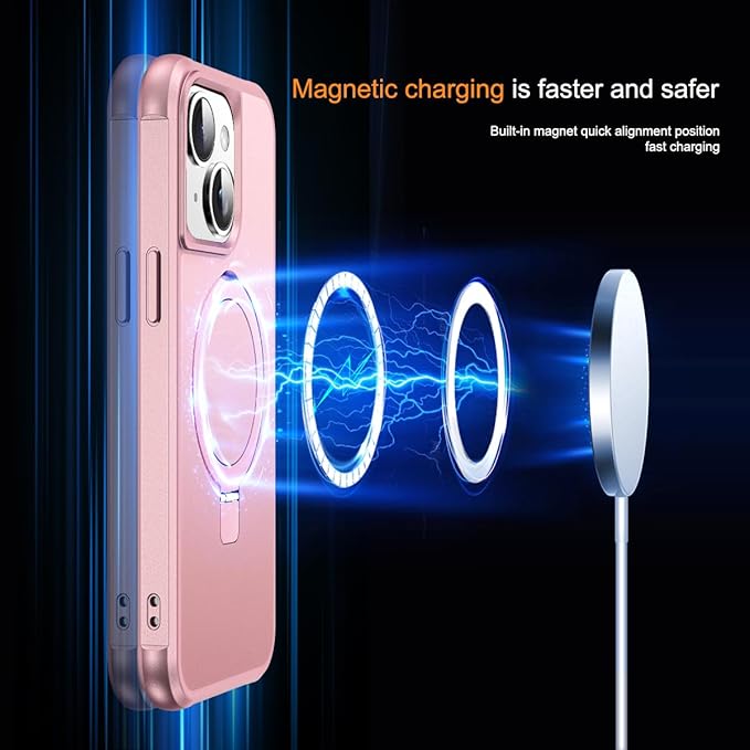 Compatible with iPhone 15 Plus Case with Invisible Magnetic O-Ring Stand Military-Grade Case for iPhone 15 Plus 6.7" [Compatible with Mag-Safe][Great Grip Feeling], Rose Gold
