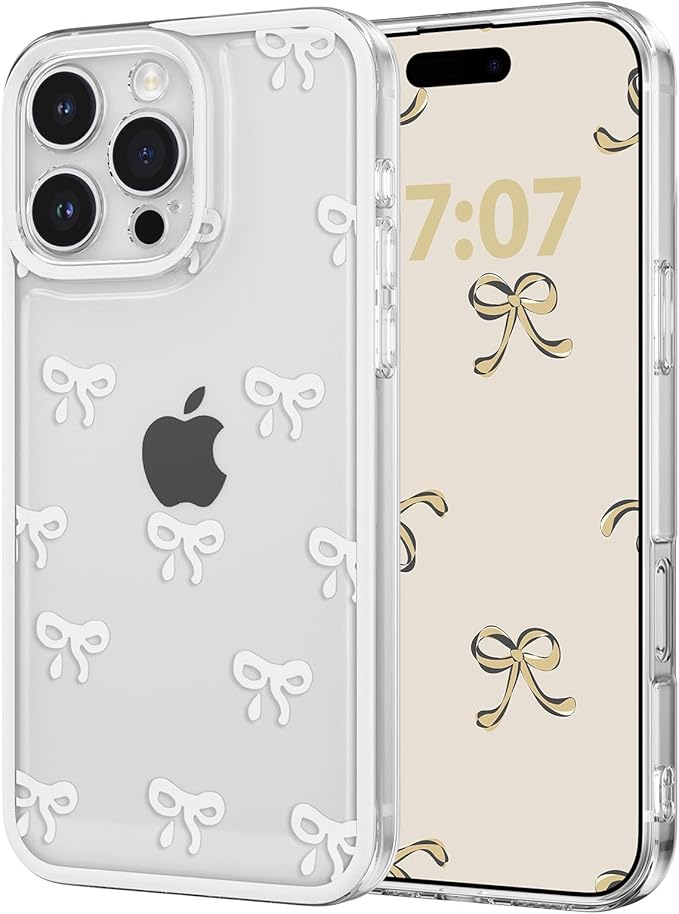EYZUTAK Case for iPhone 16 Pro, Clear Cute Ribbon Bowknot Pattern Aesthetic Transparent Phone Case Raised Camera Protection Stylish Slim Soft Durable TPU Protective Cover for Women Girls - White