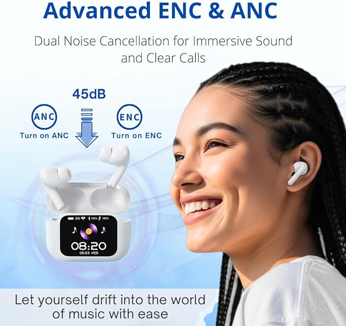 Audionic Airtouch 40 Wireless Earbuds, Bluetooth 5.4, Ultra-Wide LED Touchscreen Case, ANC/ENC Noise Cancelling, Low Latency, Hi-Fi Sound, for Android/iOS (White)