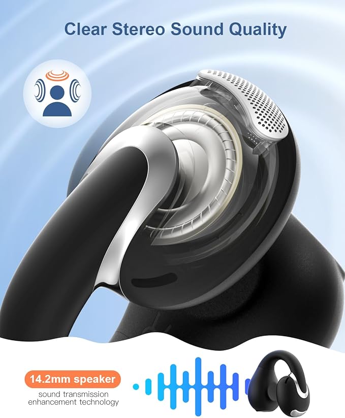 Open Ear Earbuds Bluetooth 5.4 True Wireless Clip On Earbuds Lightweight Comfort Bone Conduction Headphones Built-in Mic for Clear Audio Waterproof Stable Fit for Outdoor Sports Black