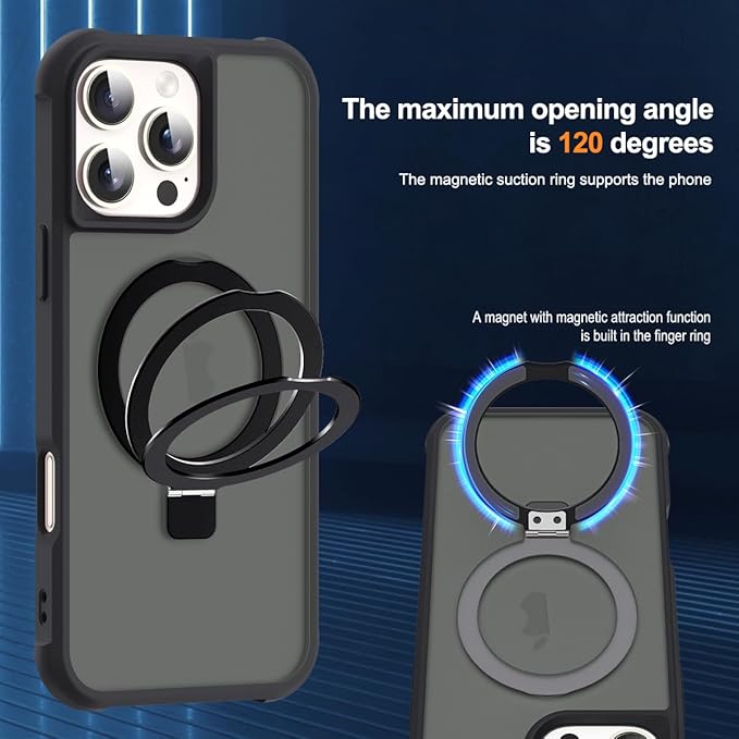 Compatible with iPhone 16 Pro Case with Invisible Magnetic O-Ring Stand Military-Grade Translucent Case for iPhone 16 Pro 6.3" [Compatible with Mag-Safe][Great Grip Feeling], Black