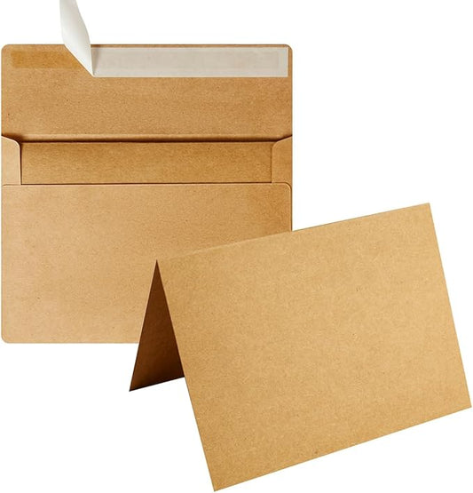 Wishop 50 Pack Self-Adhesive Envelopes with Fold Cards for Wedding Invitations, Greeting Cards, Baby Shower, Letter Mailing (Brown, 4x6)