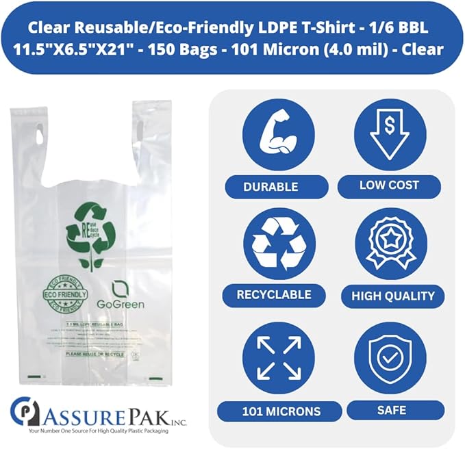 Clear Reusable/Eco-Friendly LDPE T-Shirt - 1/6 BBL 11.5"X6.5"X21" - 150 Bags - 101 Micron (4.0 mil) - Clear - CLLD4MREUSE1221