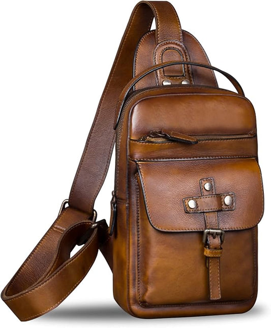 IVTG Genuine Leather Sling Bag Chest Shoulder Fanny Bag Hiking Backpack Vintage Handmade Crossbody Daypack
